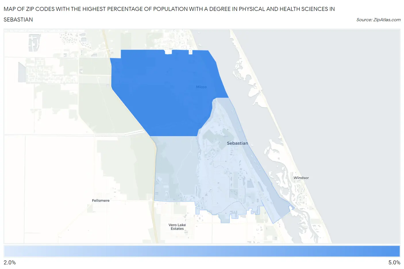 Zip Codes with the Highest Percentage of Population with a Degree in Physical and Health Sciences in Sebastian Map