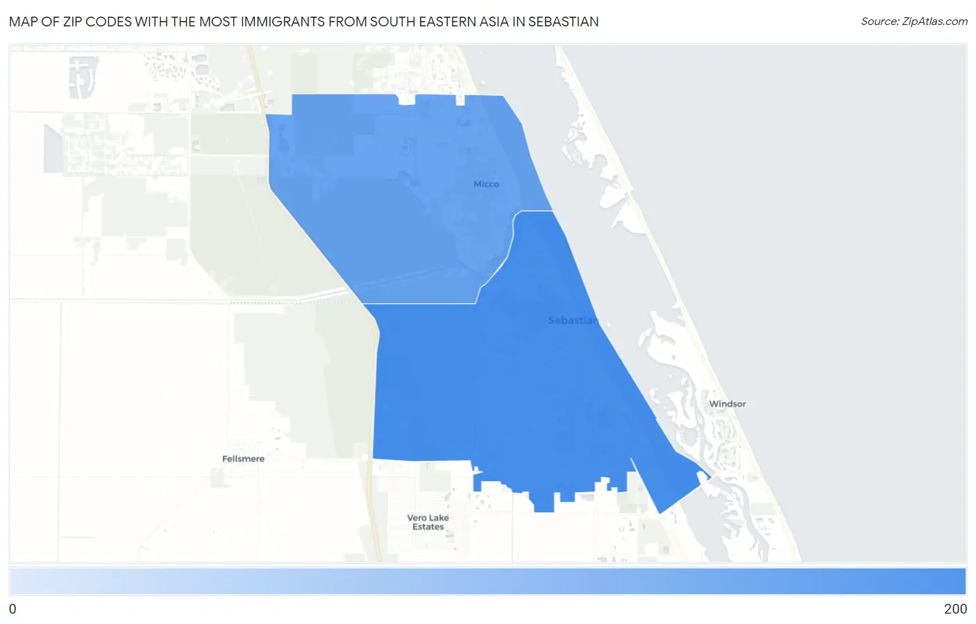 Zip Codes with the Most Immigrants from South Eastern Asia in Sebastian Map