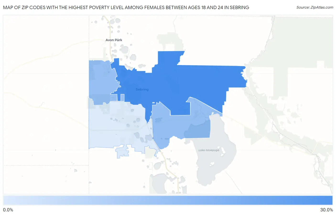 Zip Codes with the Highest Poverty Level Among Females Between Ages 18 and 24 in Sebring Map