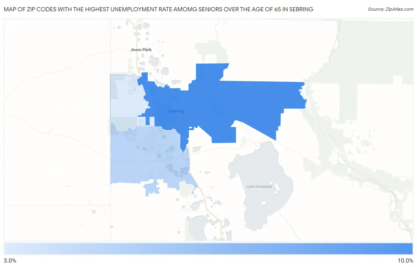 Zip Codes with the Highest Unemployment Rate Amomg Seniors Over the Age of 65 in Sebring Map