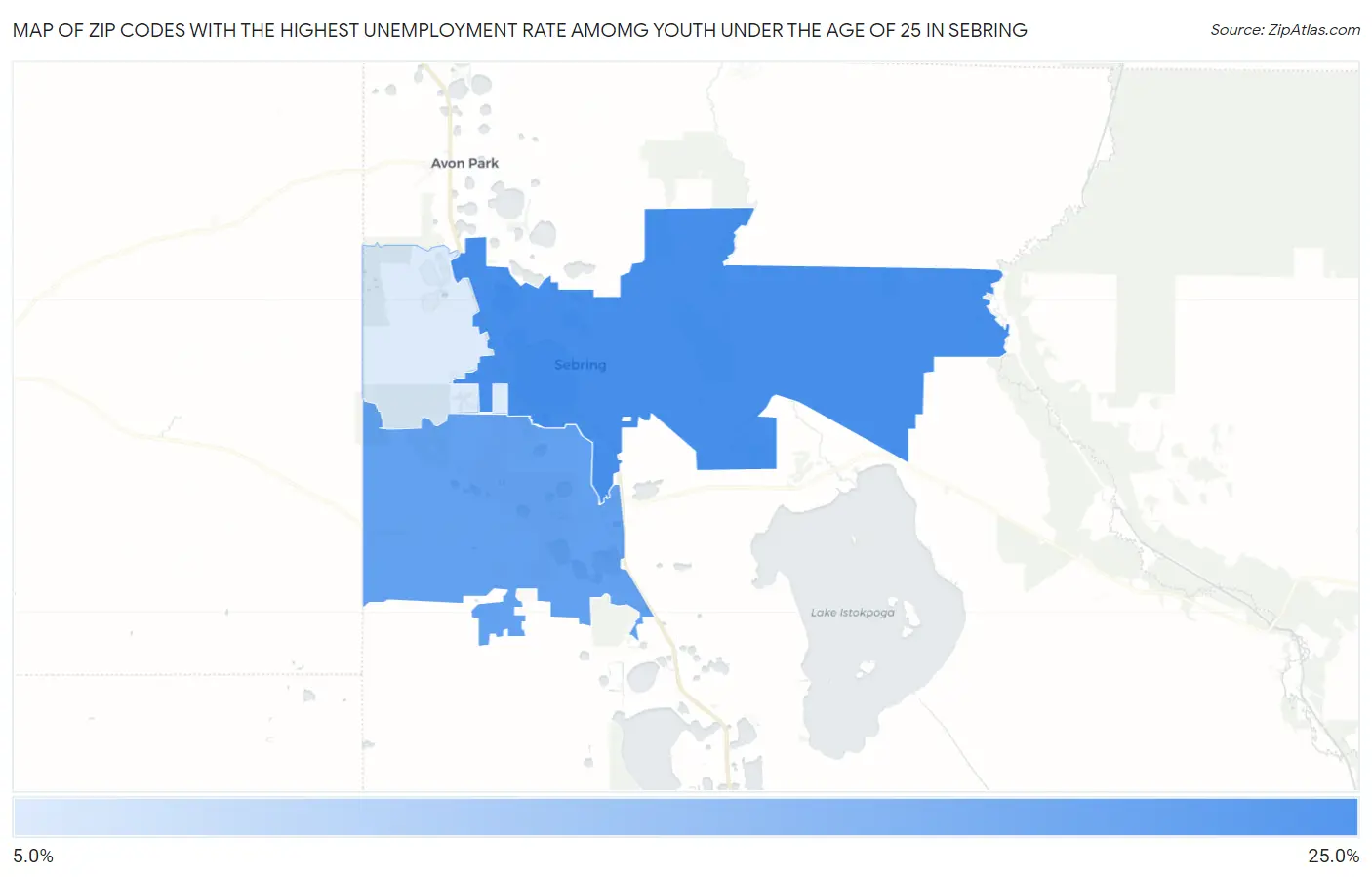 Zip Codes with the Highest Unemployment Rate Amomg Youth Under the Age of 25 in Sebring Map
