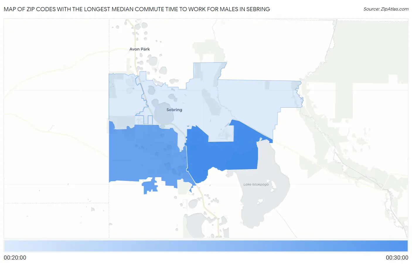 Zip Codes with the Longest Median Commute Time to Work for Males in Sebring Map