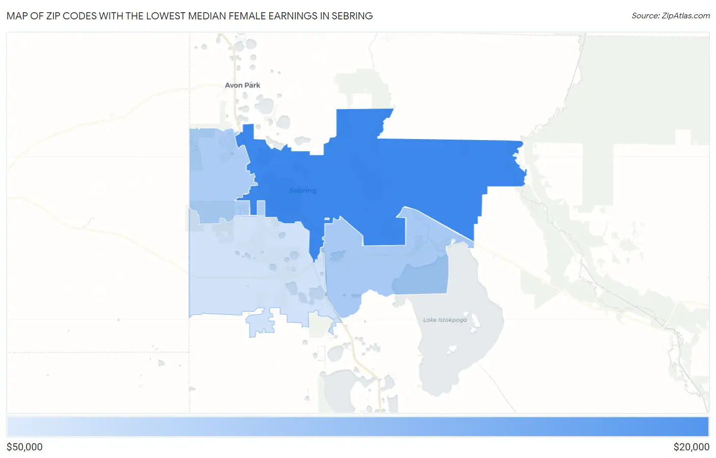Zip Codes with the Lowest Median Female Earnings in Sebring Map