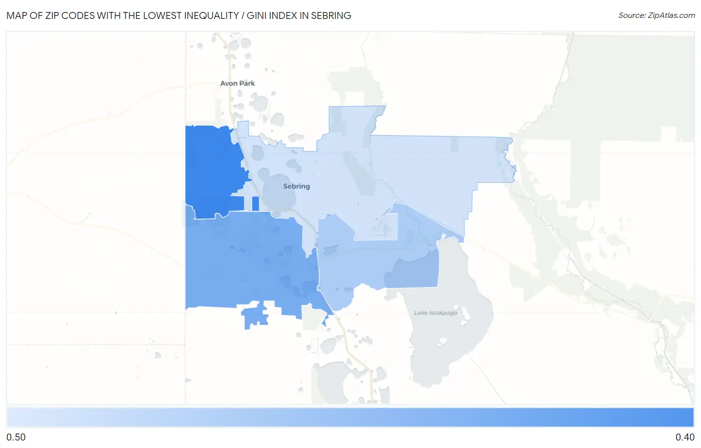 Zip Codes with the Lowest Inequality / Gini Index in Sebring Map