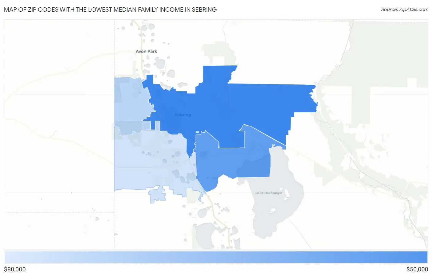 Zip Codes with the Lowest Median Family Income in Sebring Map