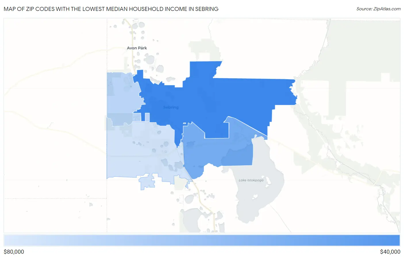 Zip Codes with the Lowest Median Household Income in Sebring Map