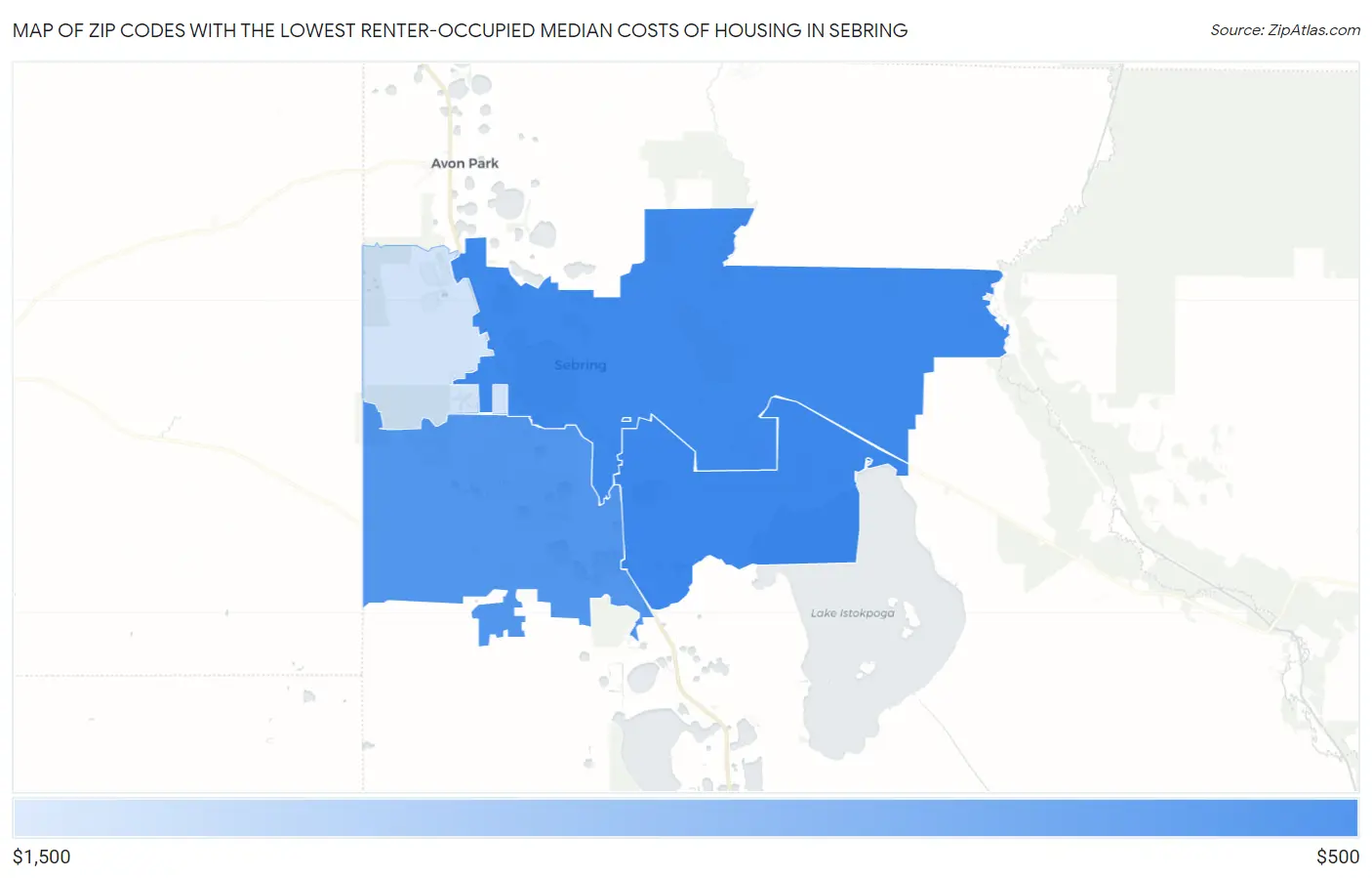 Zip Codes with the Lowest Renter-Occupied Median Costs of Housing in Sebring Map