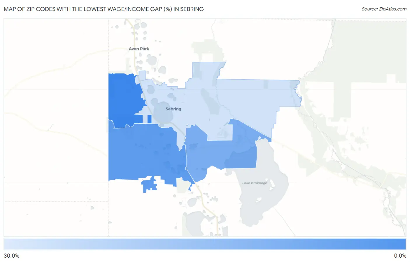Zip Codes with the Lowest Wage/Income Gap (%) in Sebring Map