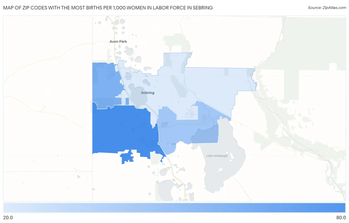 Zip Codes with the Most Births per 1,000 Women in Labor Force in Sebring Map