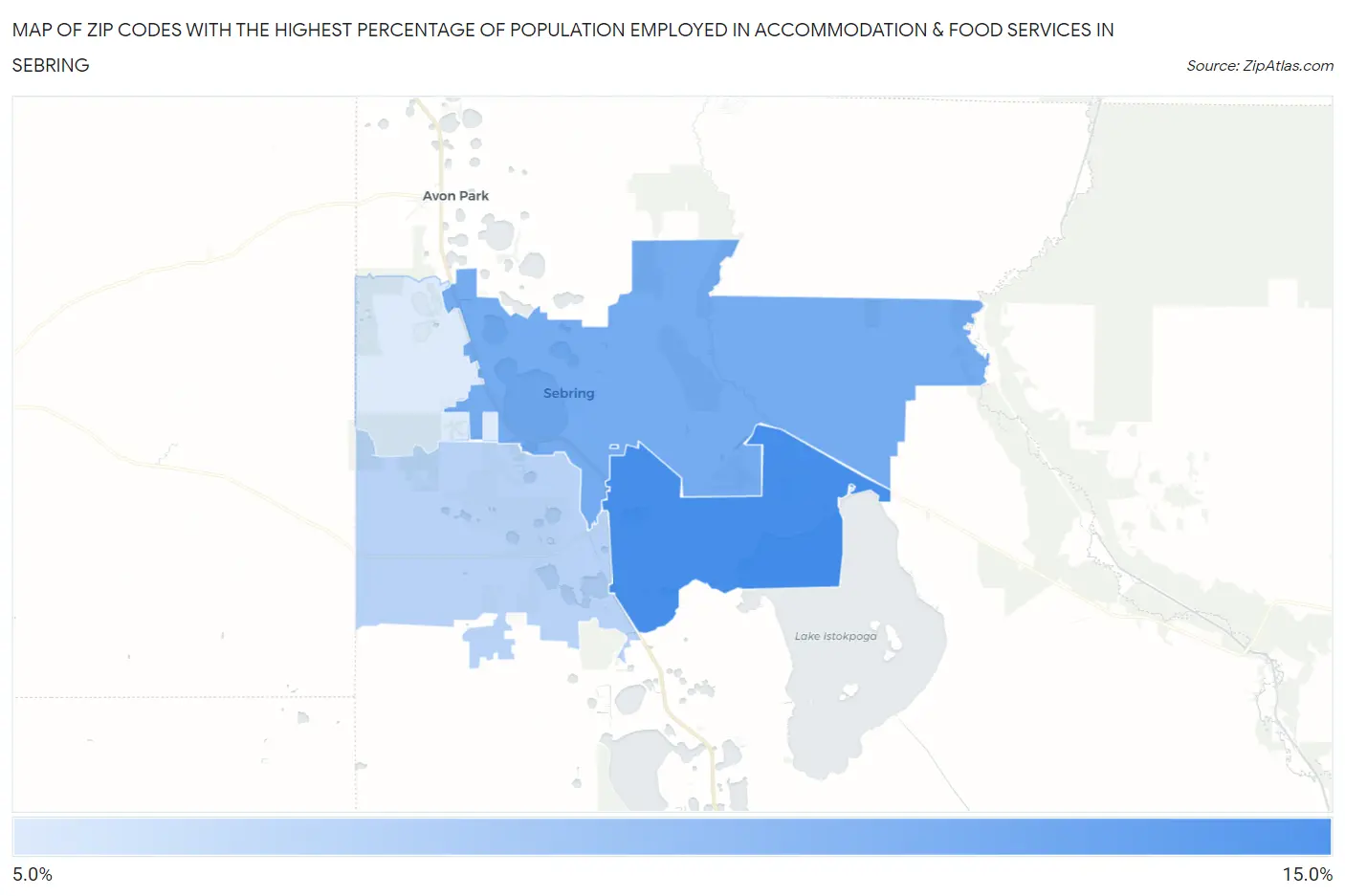 Zip Codes with the Highest Percentage of Population Employed in Accommodation & Food Services in Sebring Map