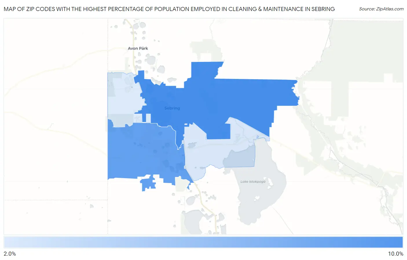 Zip Codes with the Highest Percentage of Population Employed in Cleaning & Maintenance in Sebring Map