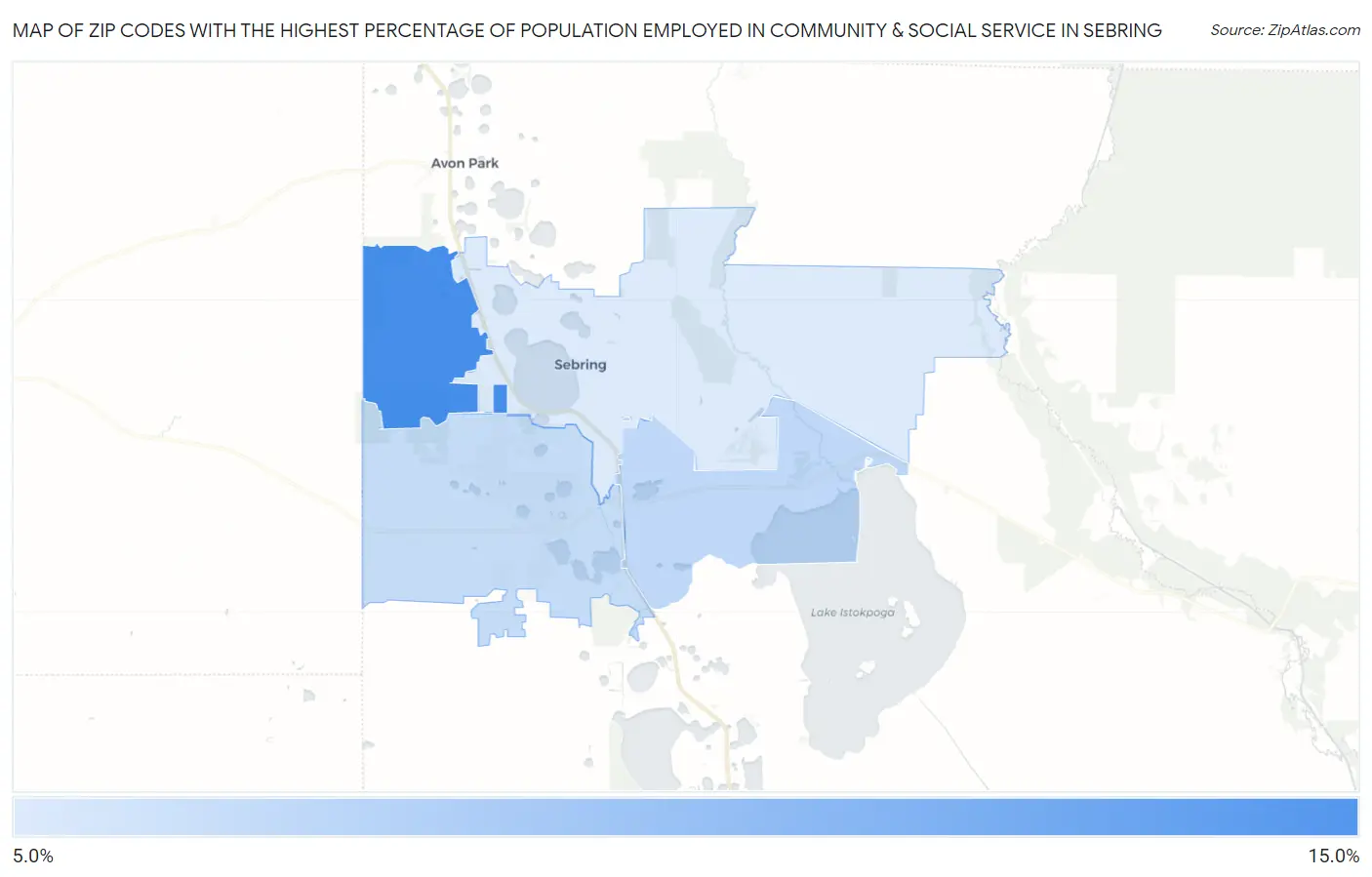 Zip Codes with the Highest Percentage of Population Employed in Community & Social Service  in Sebring Map