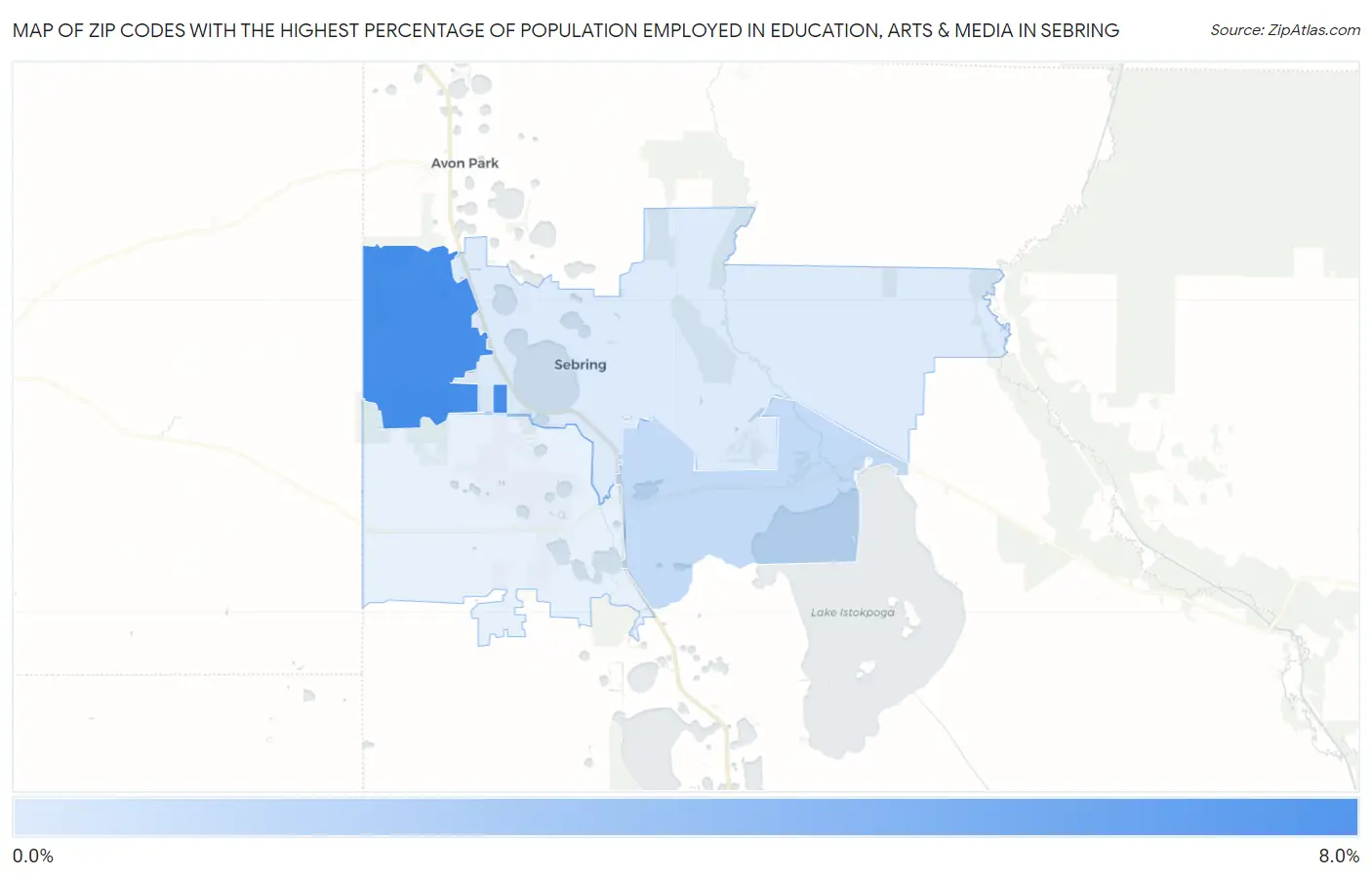 Zip Codes with the Highest Percentage of Population Employed in Education, Arts & Media in Sebring Map