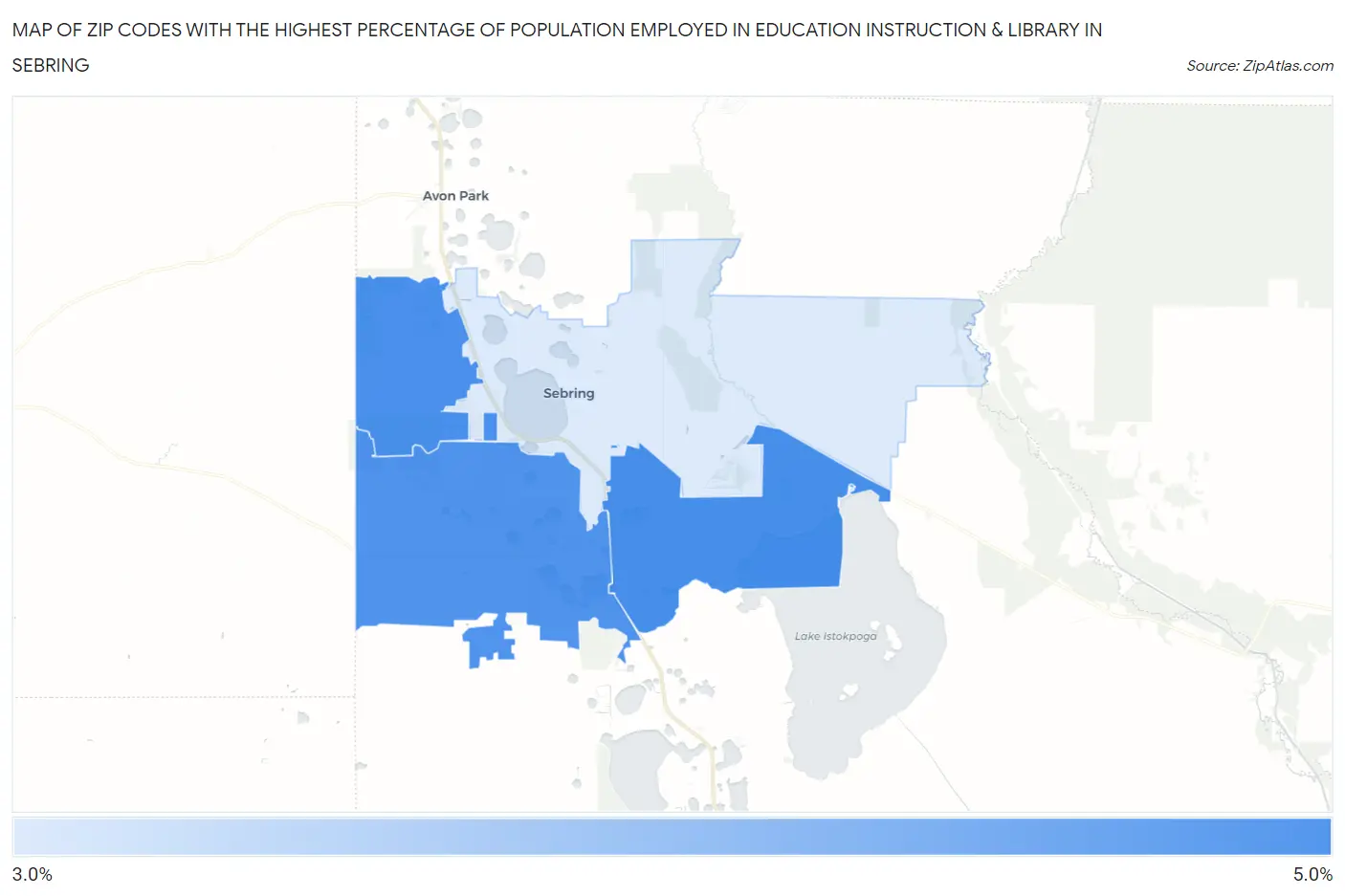Zip Codes with the Highest Percentage of Population Employed in Education Instruction & Library in Sebring Map