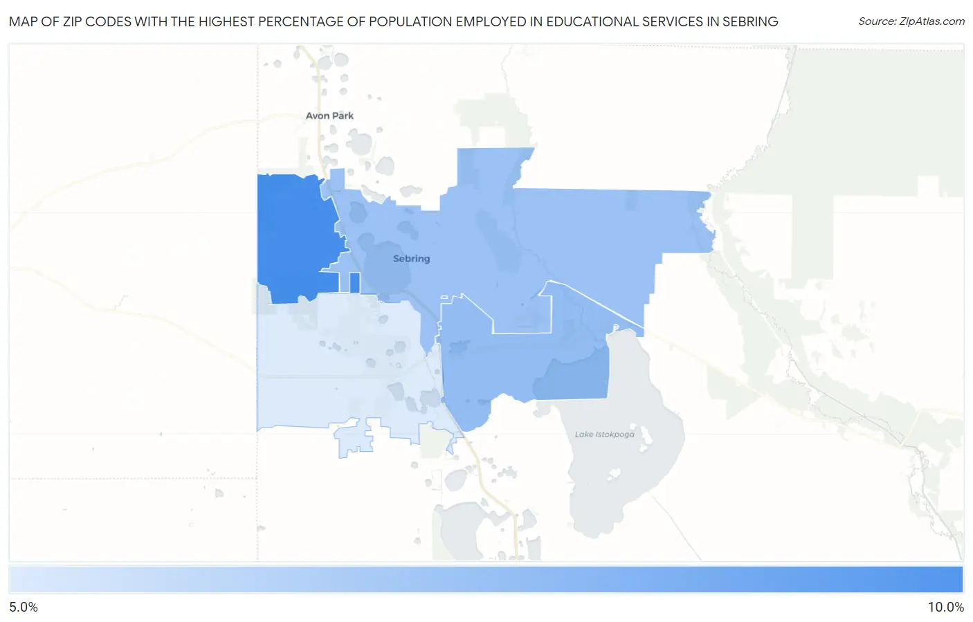 Zip Codes with the Highest Percentage of Population Employed in Educational Services in Sebring Map