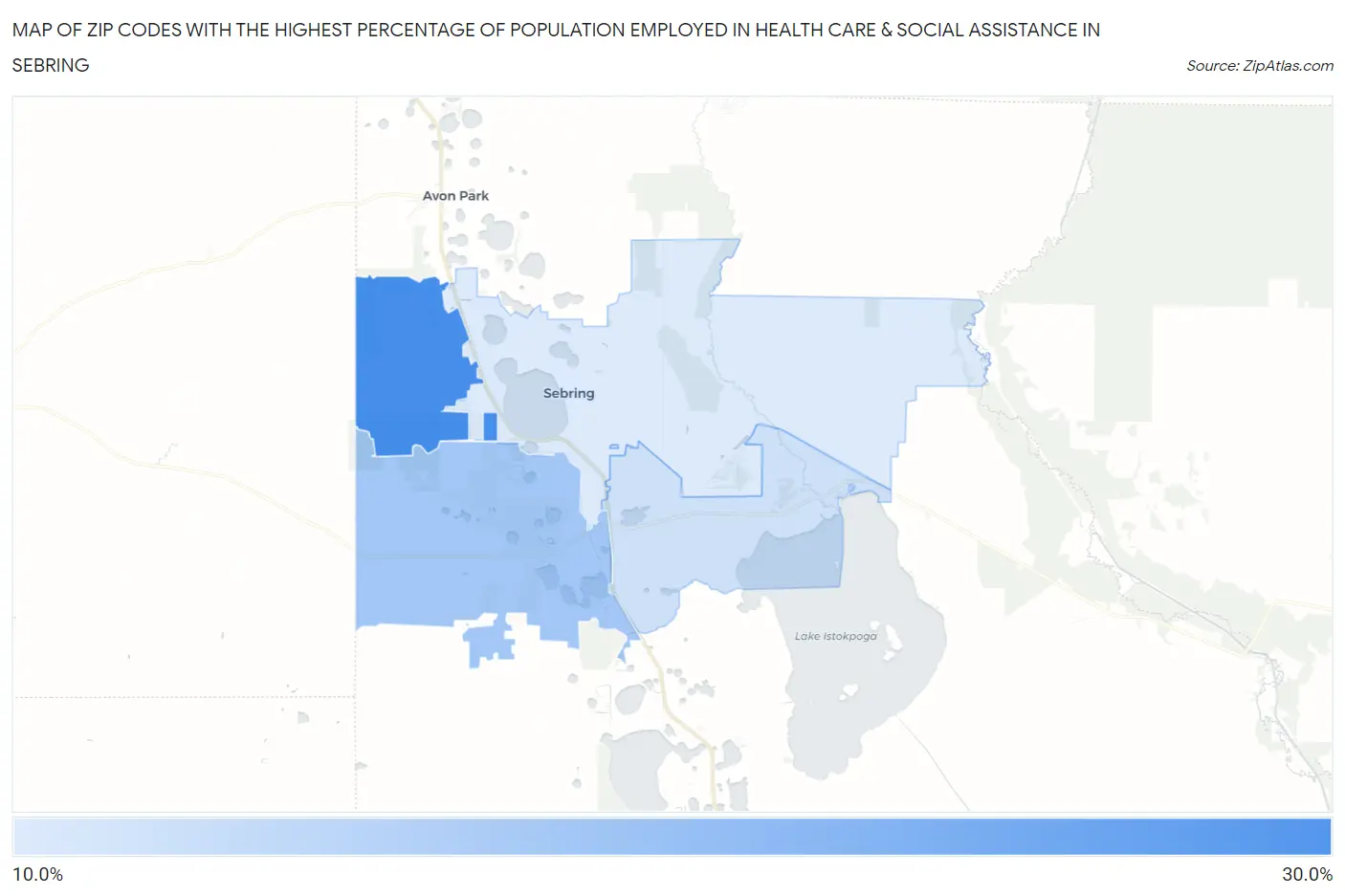 Zip Codes with the Highest Percentage of Population Employed in Health Care & Social Assistance in Sebring Map