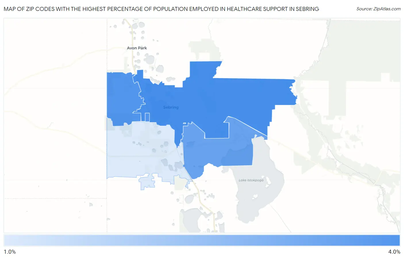 Zip Codes with the Highest Percentage of Population Employed in Healthcare Support in Sebring Map