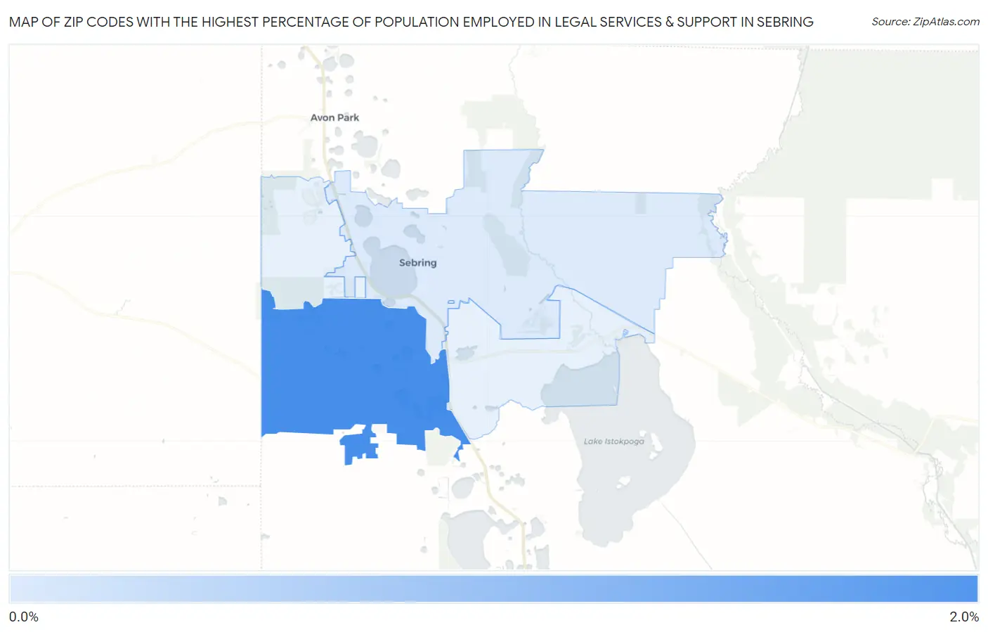 Zip Codes with the Highest Percentage of Population Employed in Legal Services & Support in Sebring Map