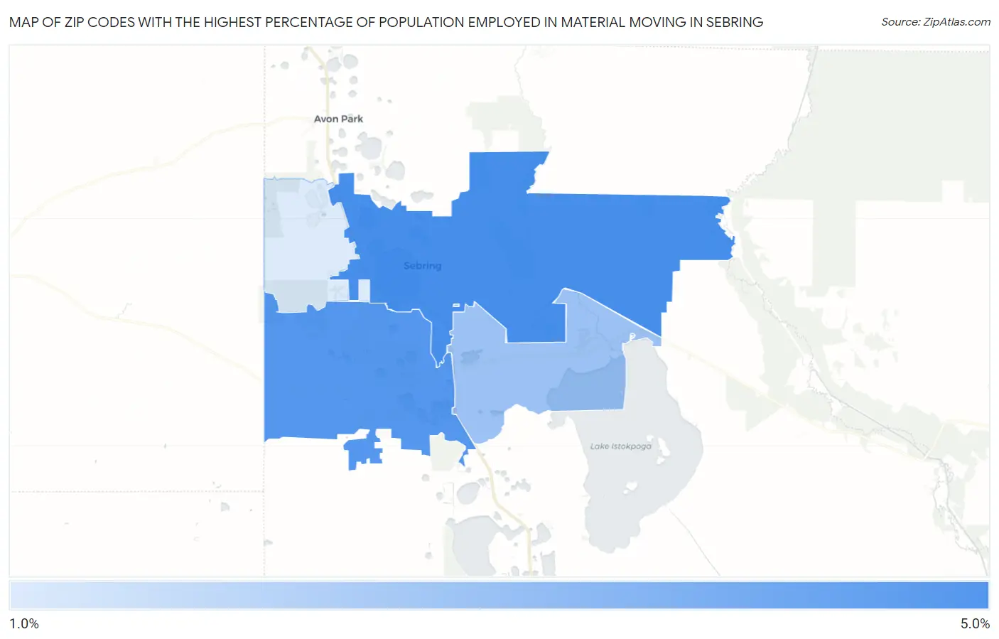 Zip Codes with the Highest Percentage of Population Employed in Material Moving in Sebring Map