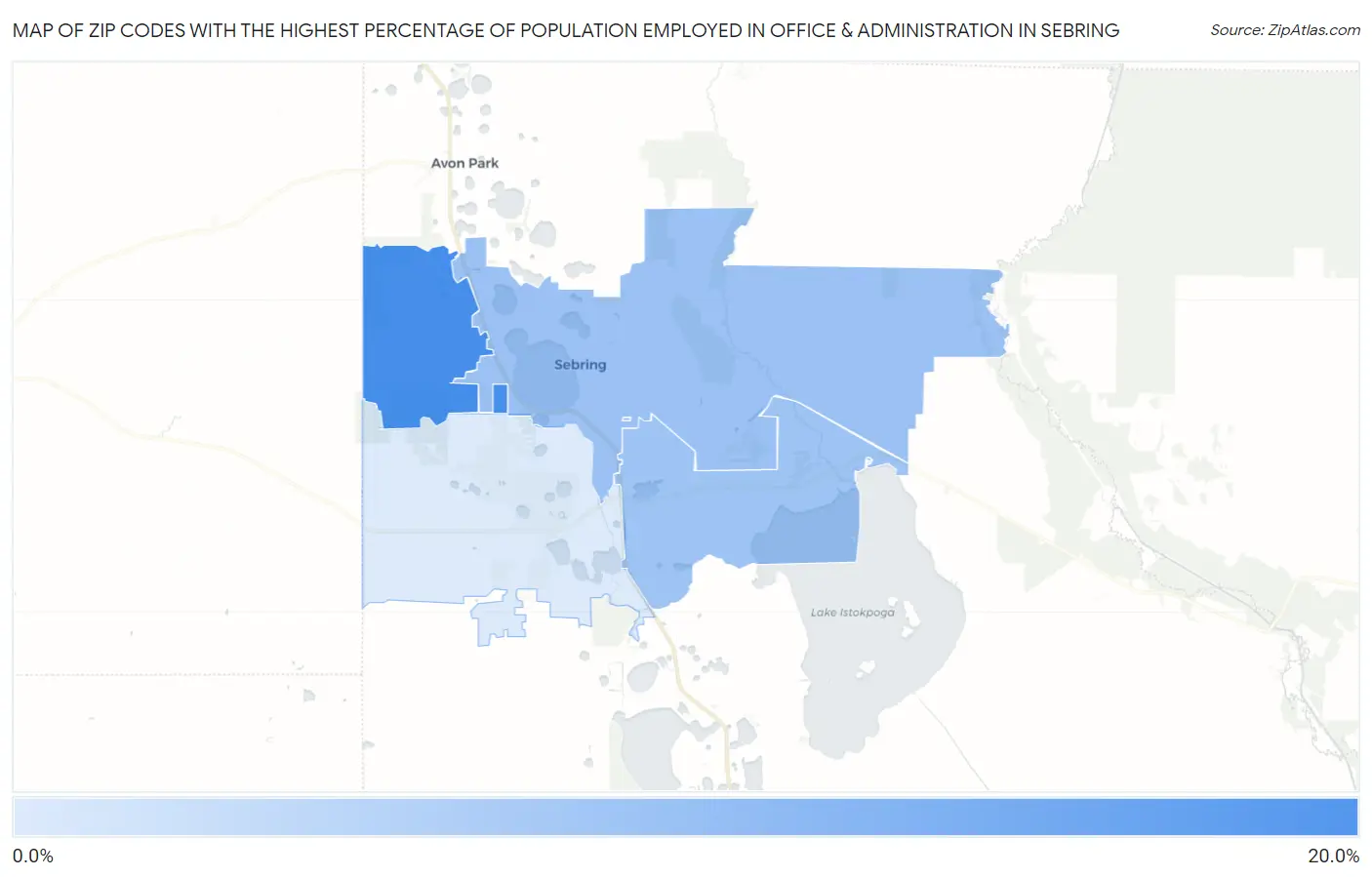 Zip Codes with the Highest Percentage of Population Employed in Office & Administration in Sebring Map