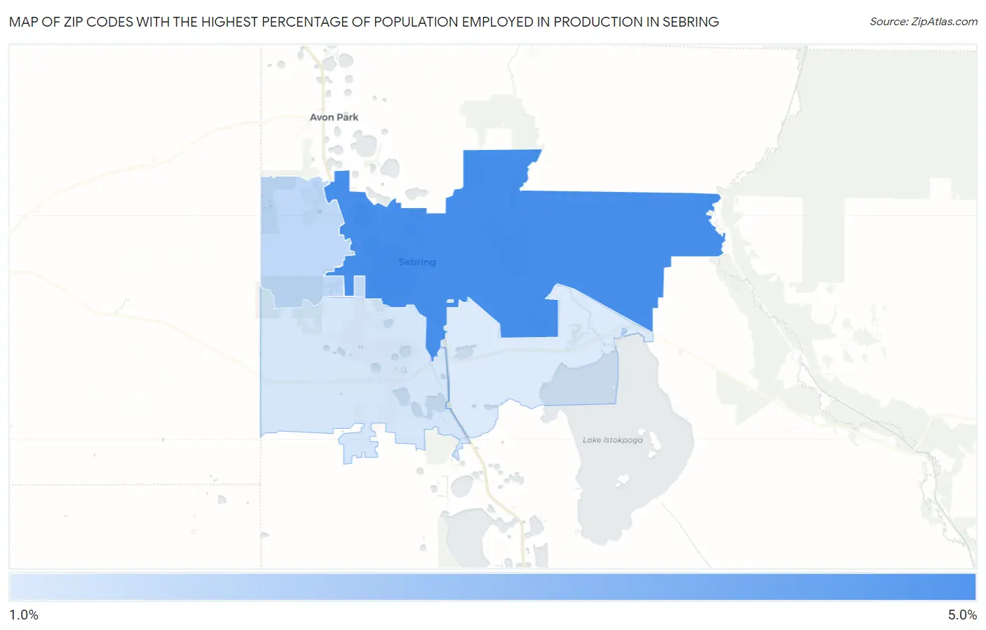 Zip Codes with the Highest Percentage of Population Employed in Production in Sebring Map