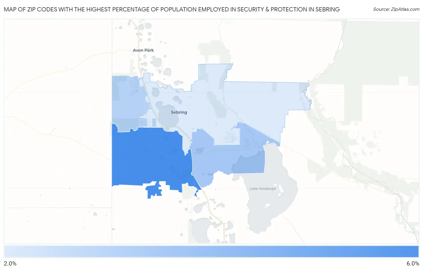 Zip Codes with the Highest Percentage of Population Employed in Security & Protection in Sebring Map