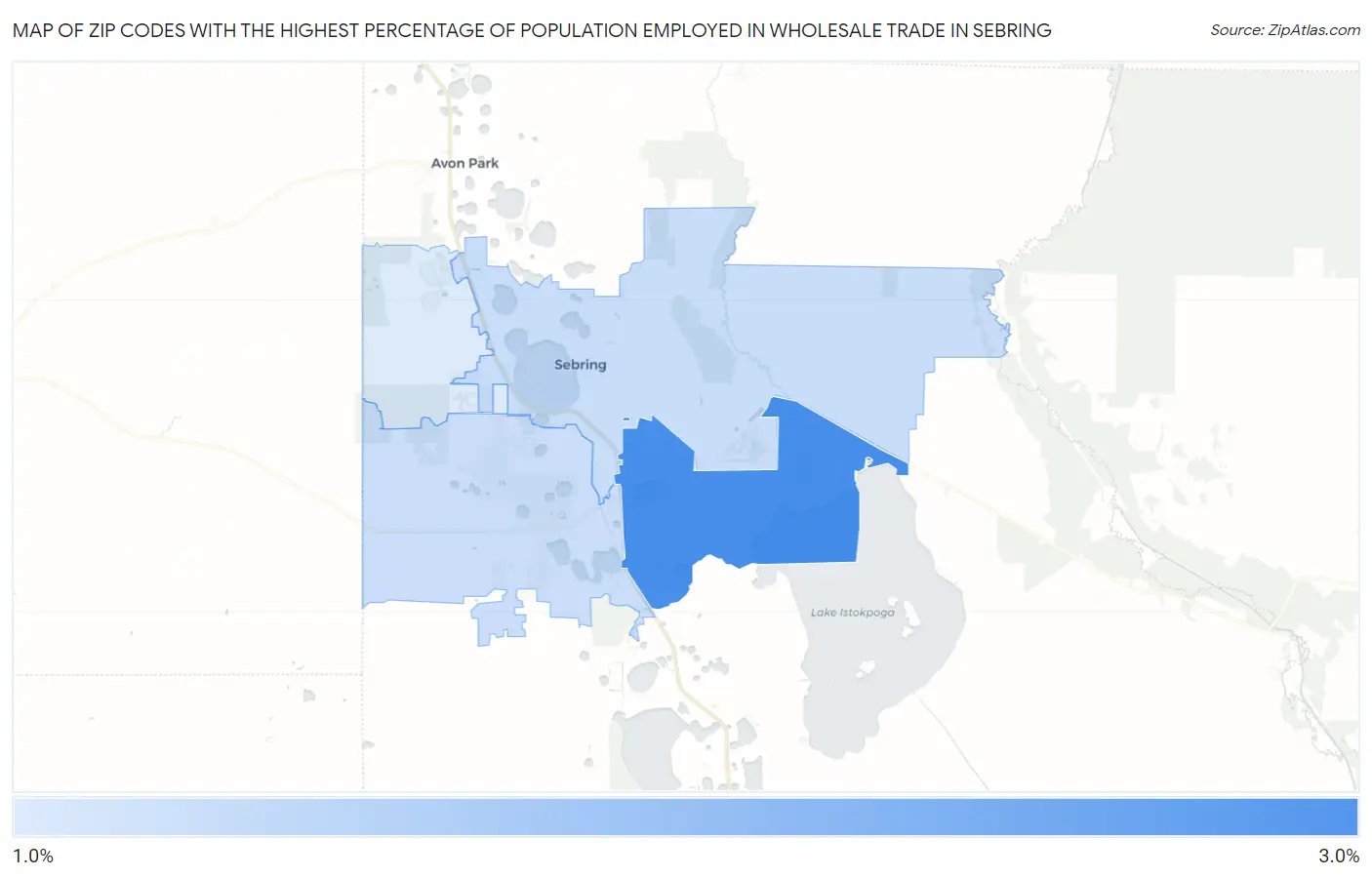 Zip Codes with the Highest Percentage of Population Employed in Wholesale Trade in Sebring Map