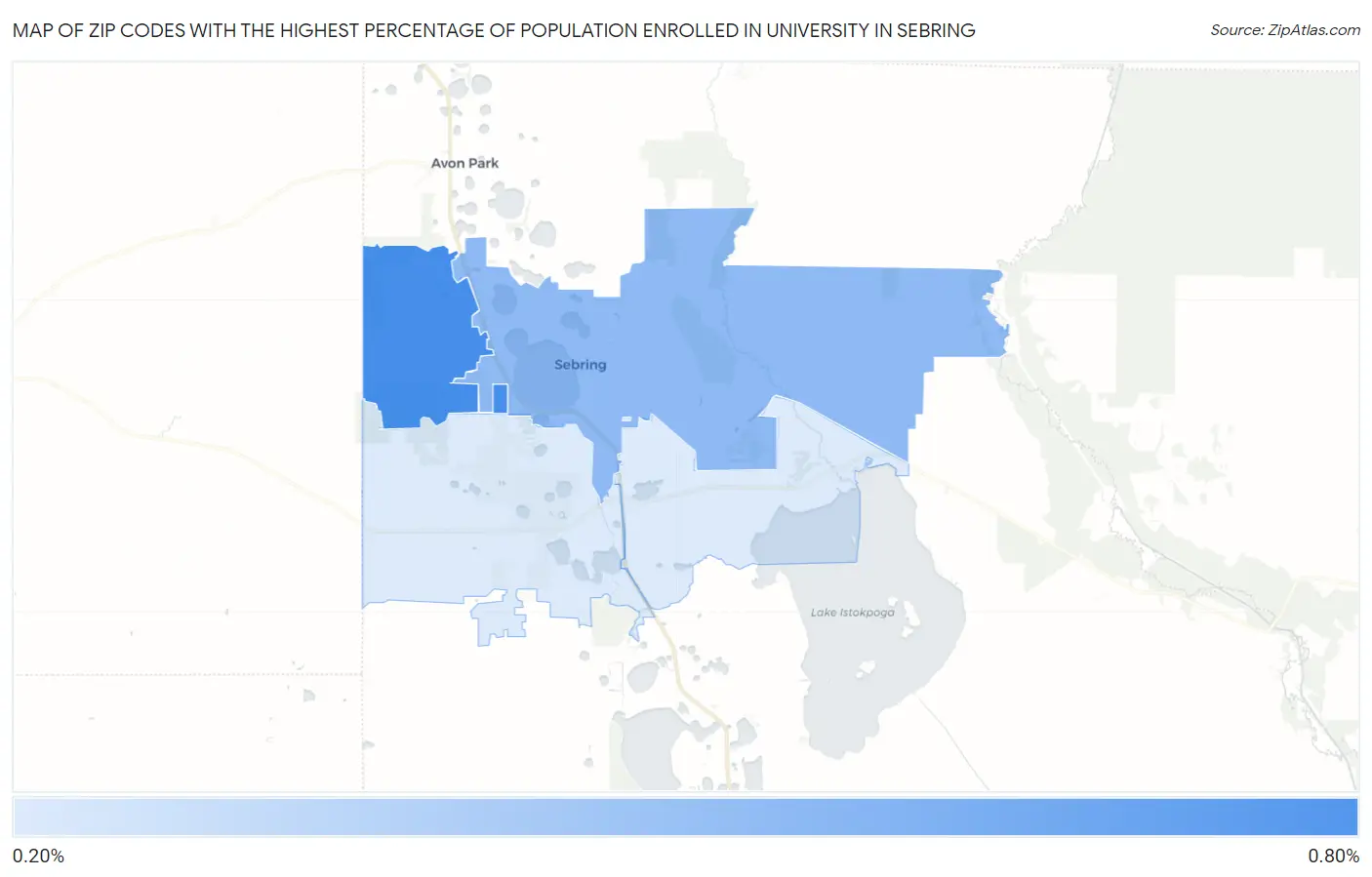 Zip Codes with the Highest Percentage of Population Enrolled in University in Sebring Map
