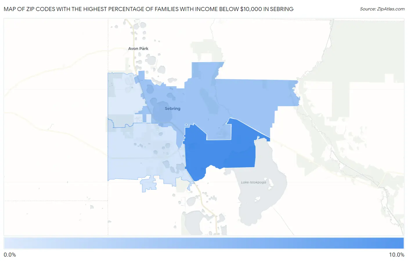 Zip Codes with the Highest Percentage of Families with Income Below $10,000 in Sebring Map