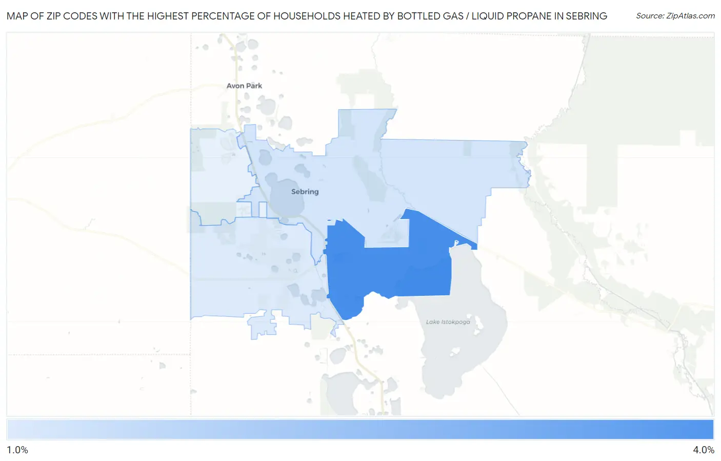 Zip Codes with the Highest Percentage of Households Heated by Bottled Gas / Liquid Propane in Sebring Map