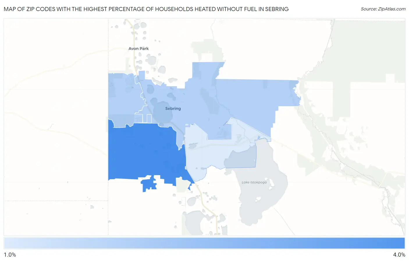 Zip Codes with the Highest Percentage of Households Heated without Fuel in Sebring Map