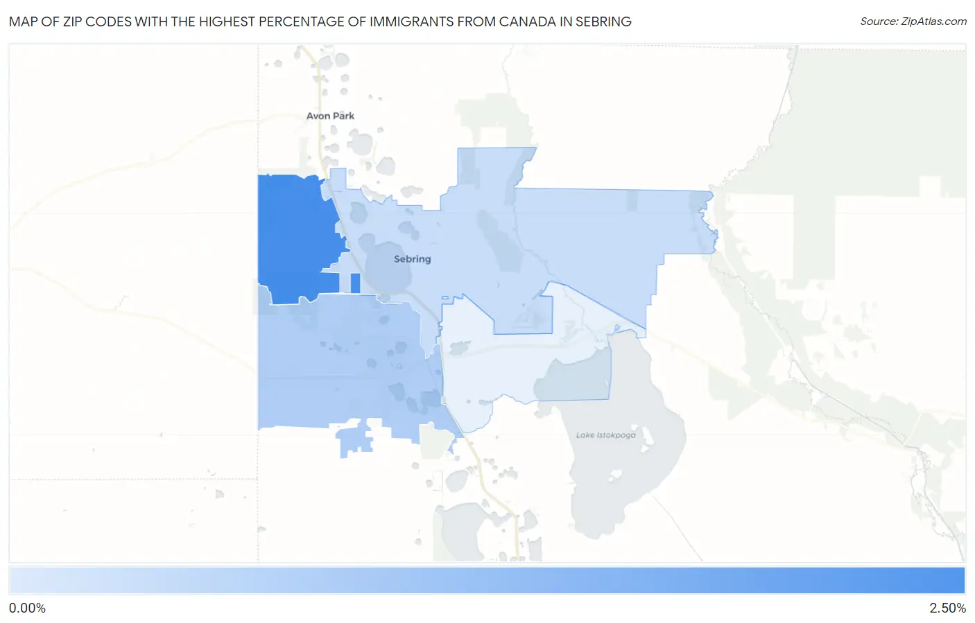 Zip Codes with the Highest Percentage of Immigrants from Canada in Sebring Map