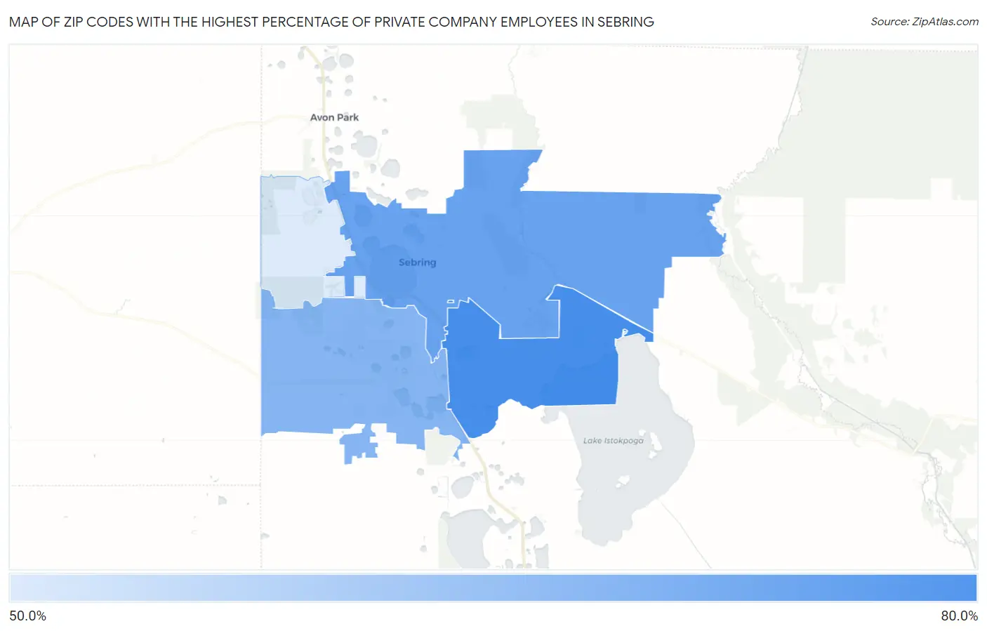 Zip Codes with the Highest Percentage of Private Company Employees in Sebring Map