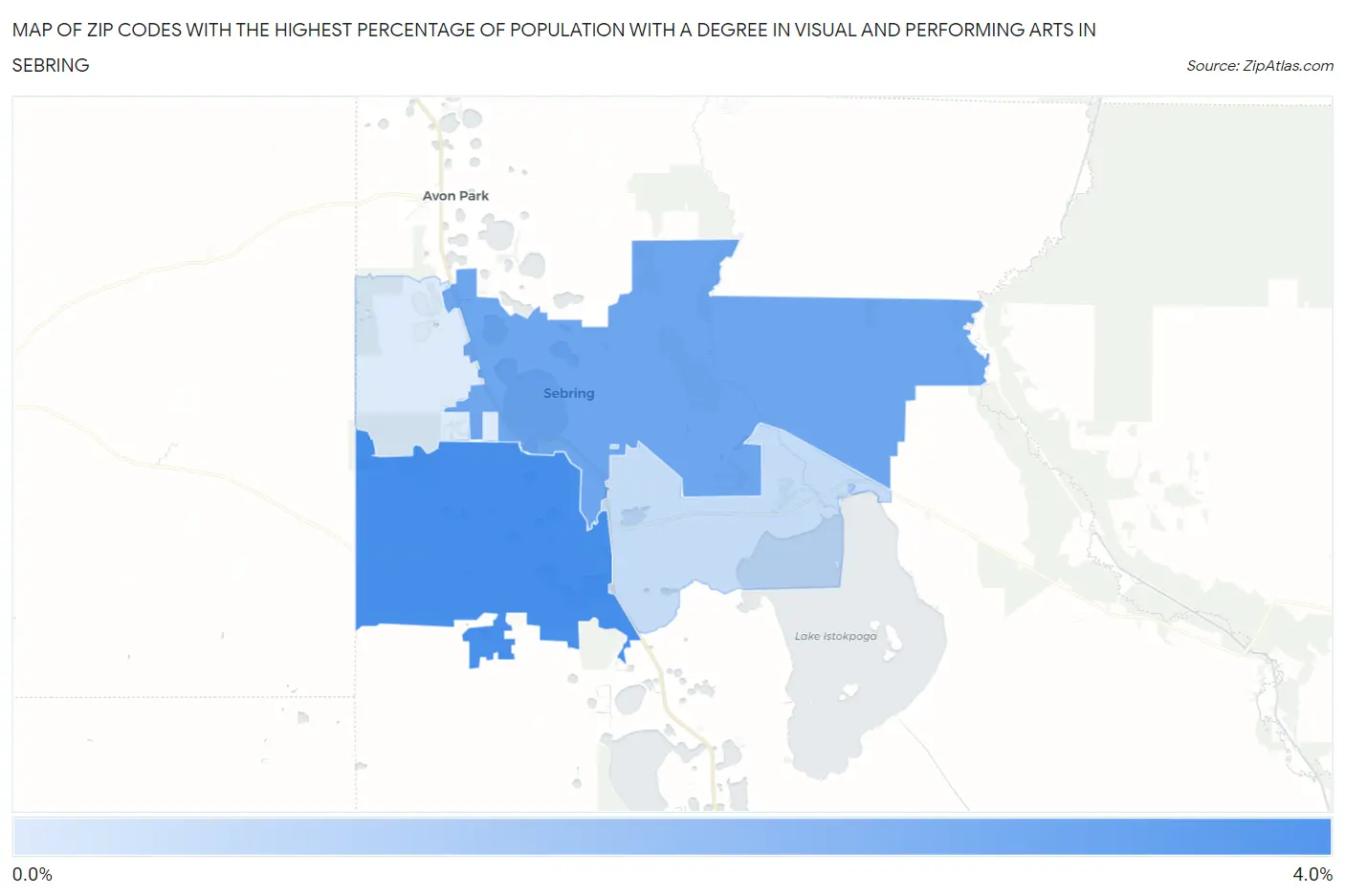 Zip Codes with the Highest Percentage of Population with a Degree in Visual and Performing Arts in Sebring Map