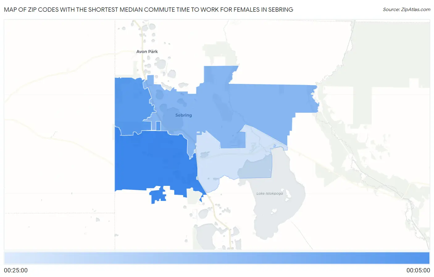 Zip Codes with the Shortest Median Commute Time to Work for Females in Sebring Map