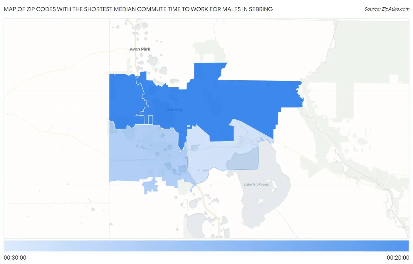 Zip Codes with the Shortest Median Commute Time to Work for Males in Sebring Map