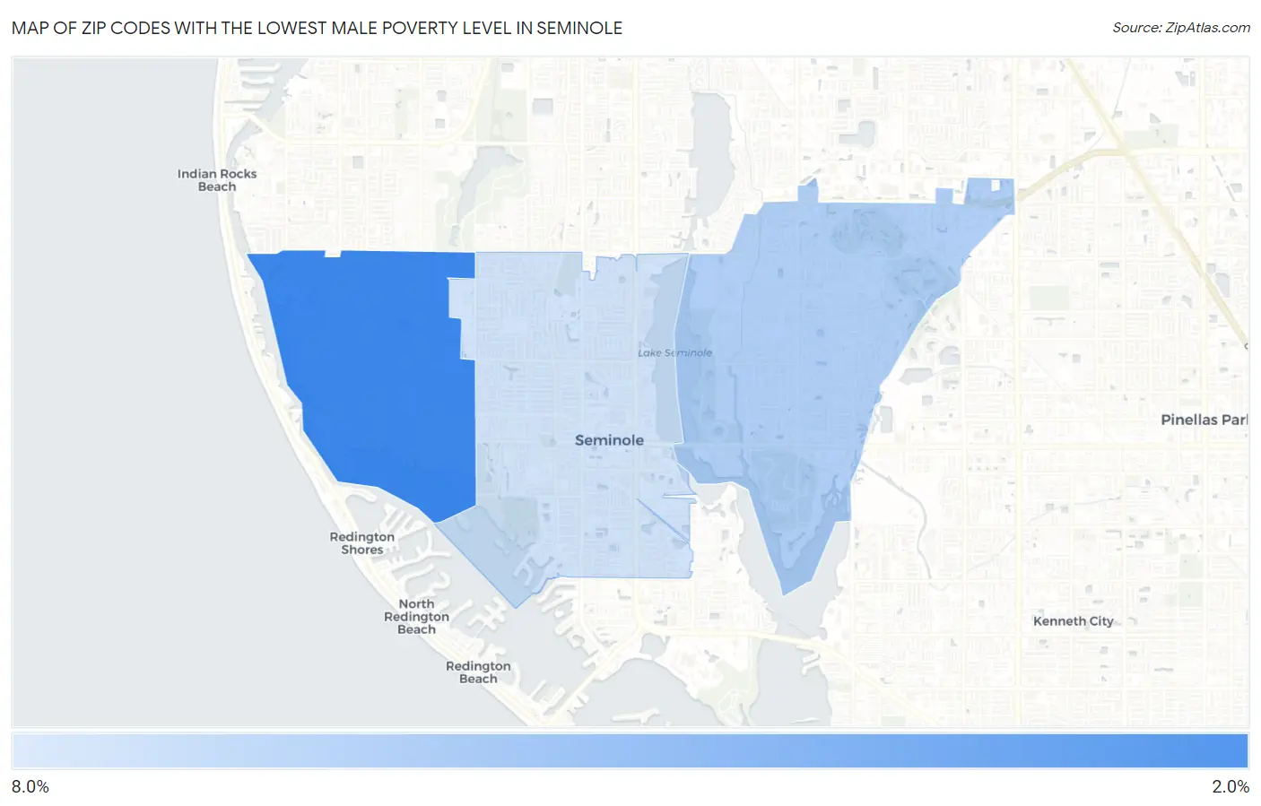 Zip Codes with the Lowest Male Poverty Level in Seminole Map