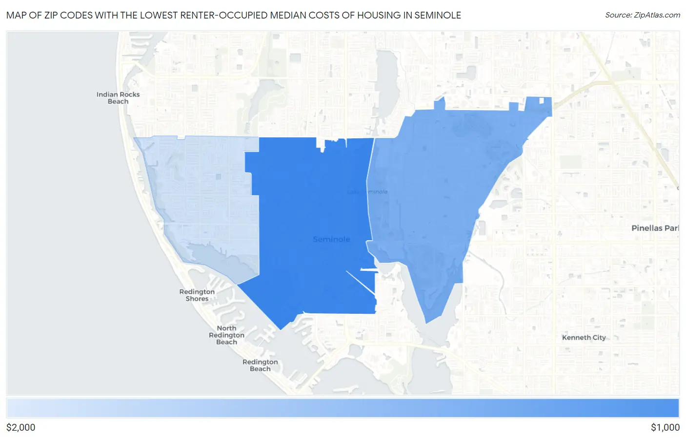 Zip Codes with the Lowest Renter-Occupied Median Costs of Housing in Seminole Map