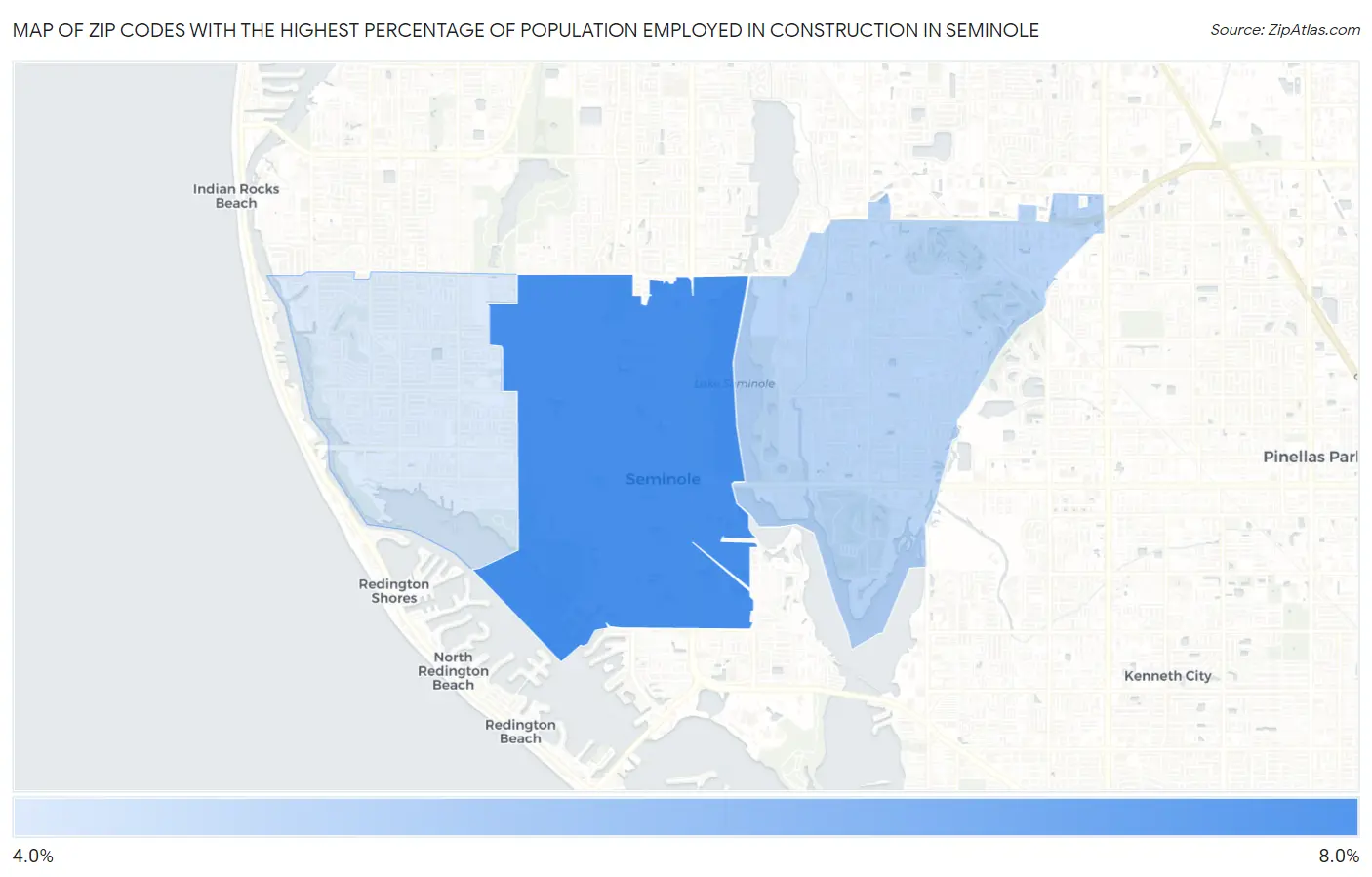 Zip Codes with the Highest Percentage of Population Employed in Construction in Seminole Map