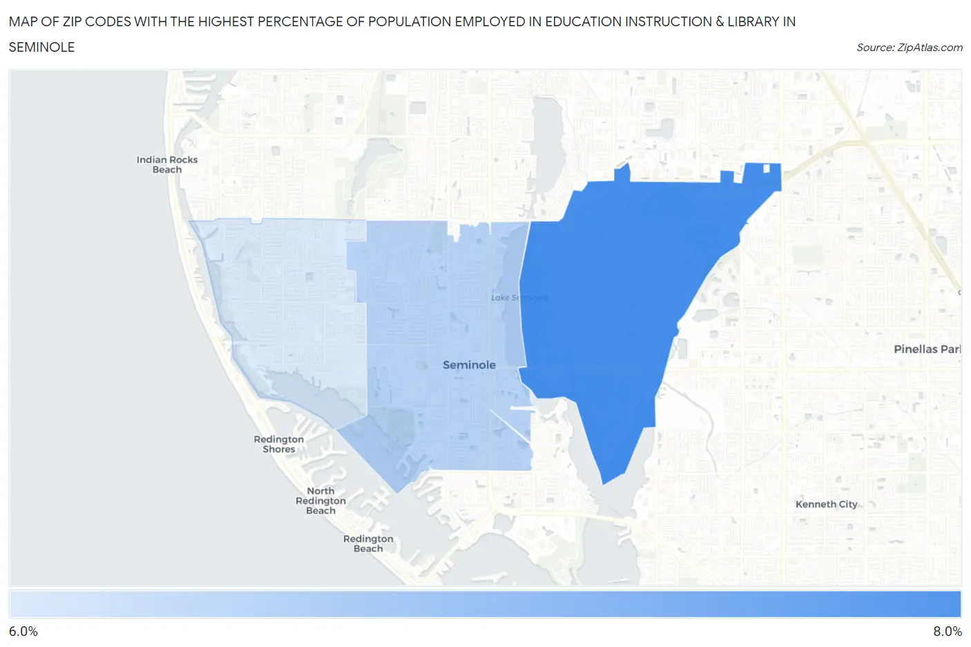 Zip Codes with the Highest Percentage of Population Employed in Education Instruction & Library in Seminole Map