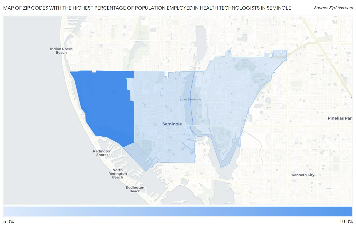 Zip Codes with the Highest Percentage of Population Employed in Health Technologists in Seminole Map