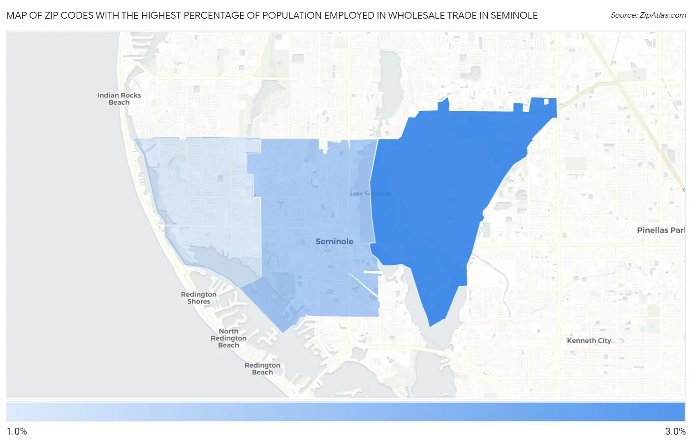 Zip Codes with the Highest Percentage of Population Employed in Wholesale Trade in Seminole Map