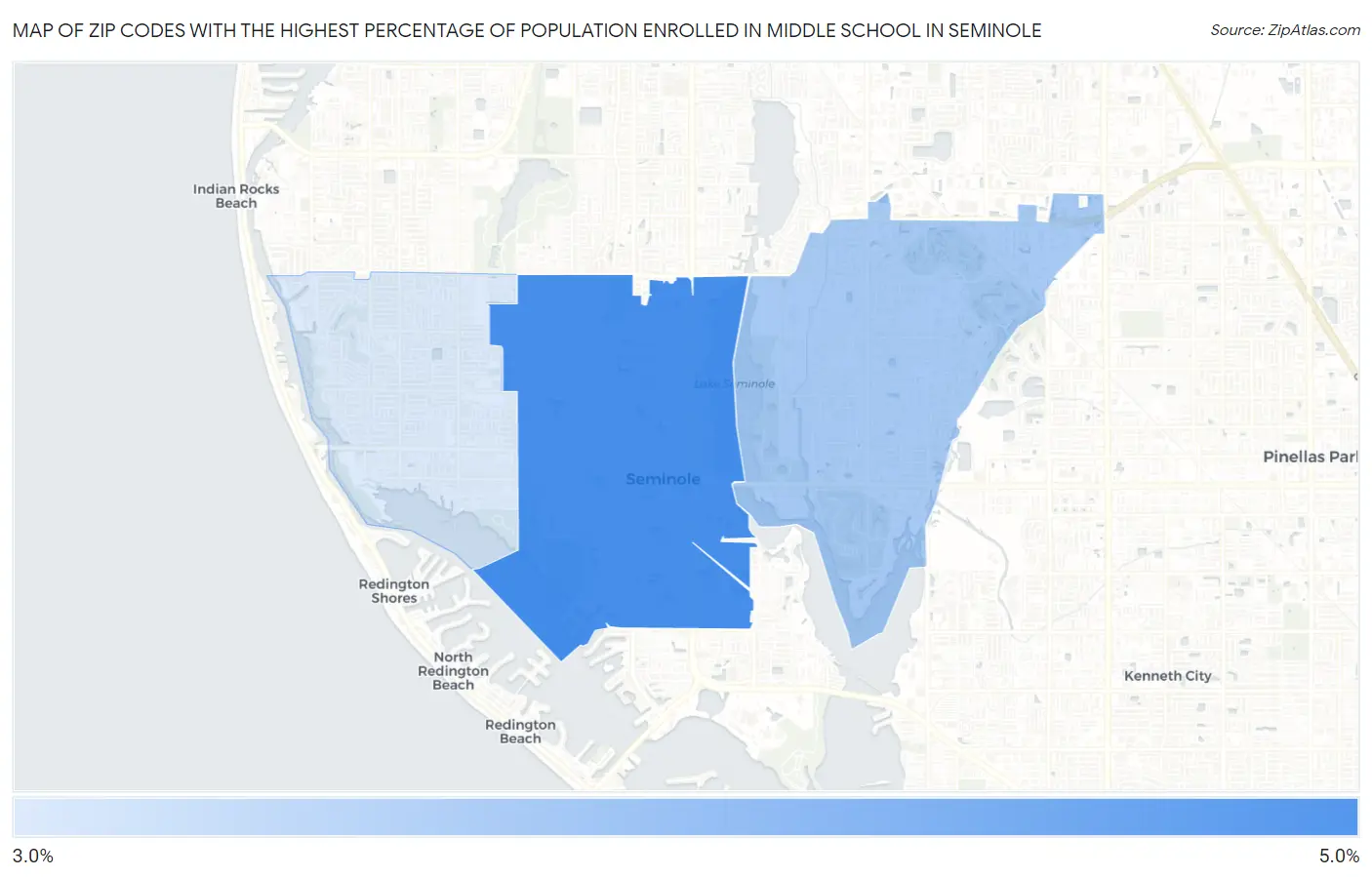 Zip Codes with the Highest Percentage of Population Enrolled in Middle School in Seminole Map