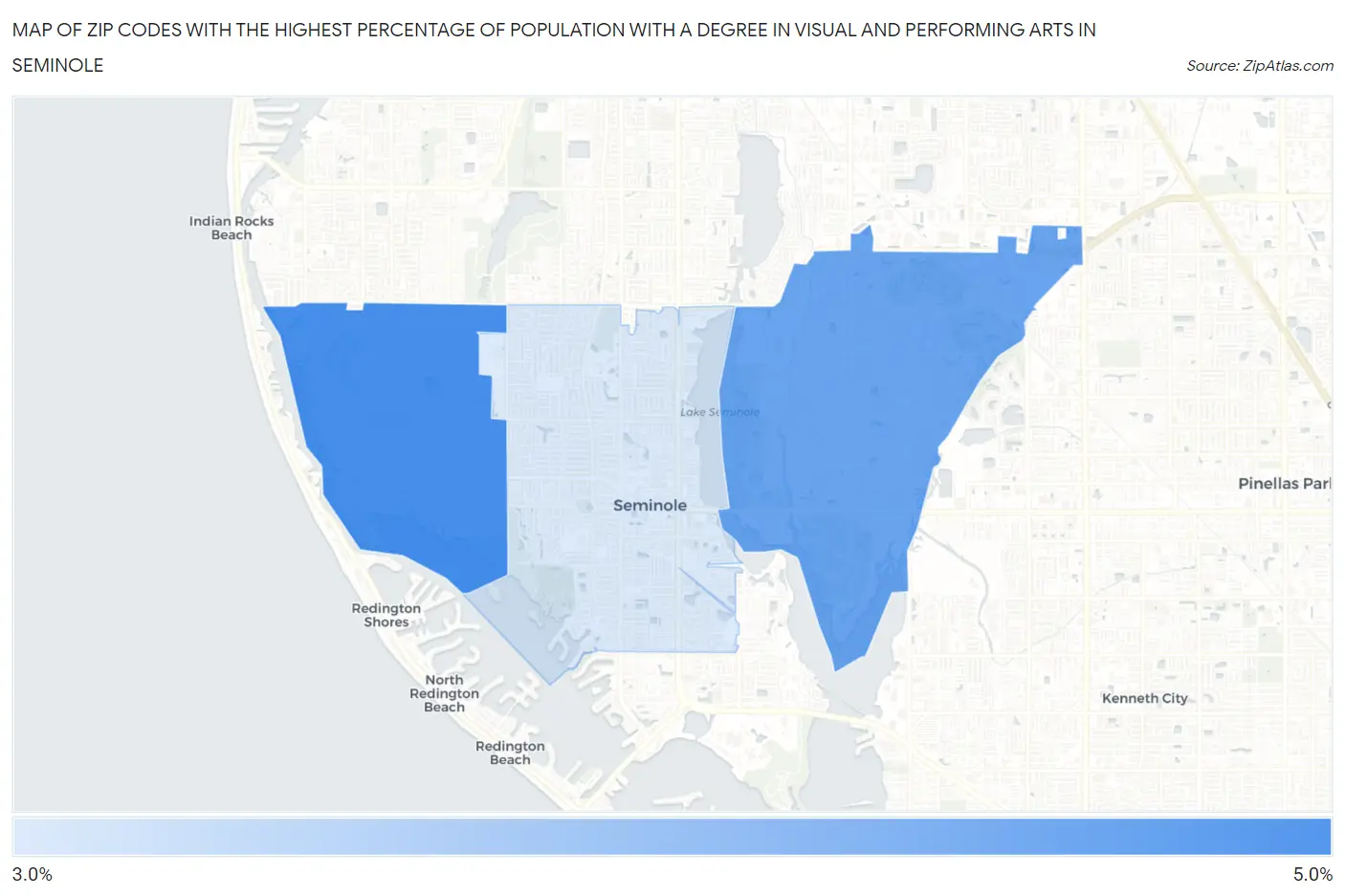 Zip Codes with the Highest Percentage of Population with a Degree in Visual and Performing Arts in Seminole Map