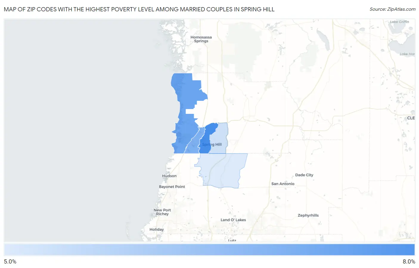 Zip Codes with the Highest Poverty Level Among Married Couples in Spring Hill Map