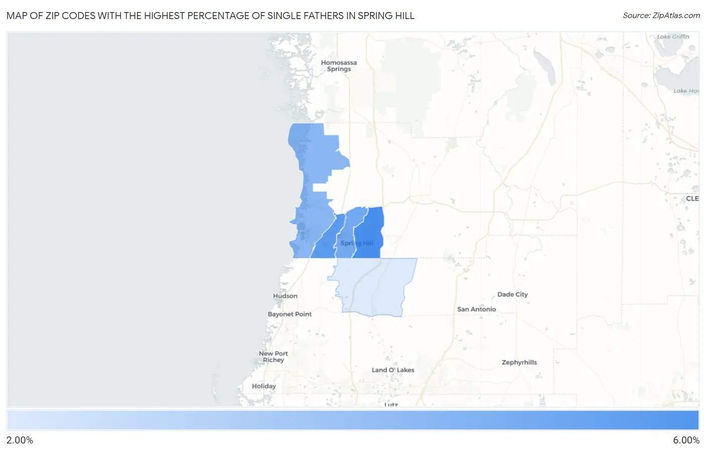 Zip Codes with the Highest Percentage of Single Fathers in Spring Hill Map