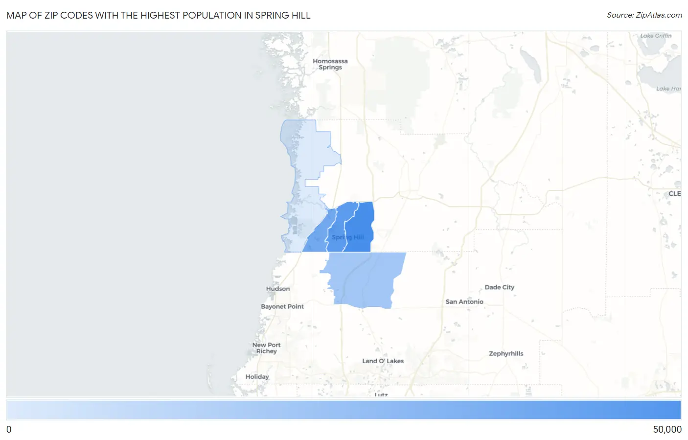 Zip Codes with the Highest Population in Spring Hill Map