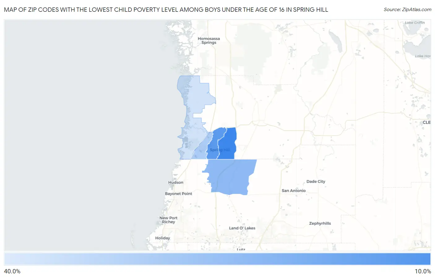 Zip Codes with the Lowest Child Poverty Level Among Boys Under the Age of 16 in Spring Hill Map