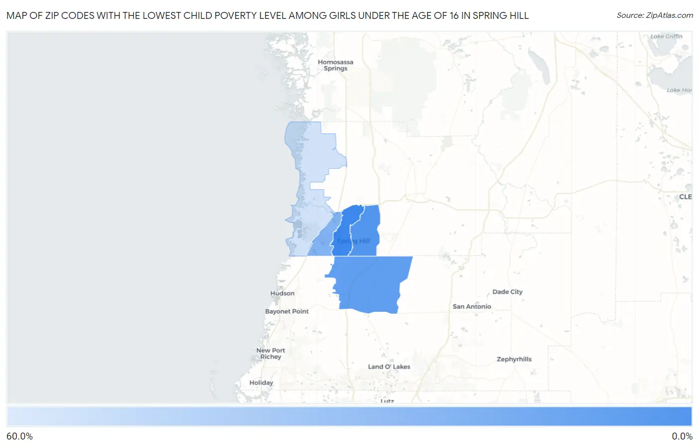 Zip Codes with the Lowest Child Poverty Level Among Girls Under the Age of 16 in Spring Hill Map