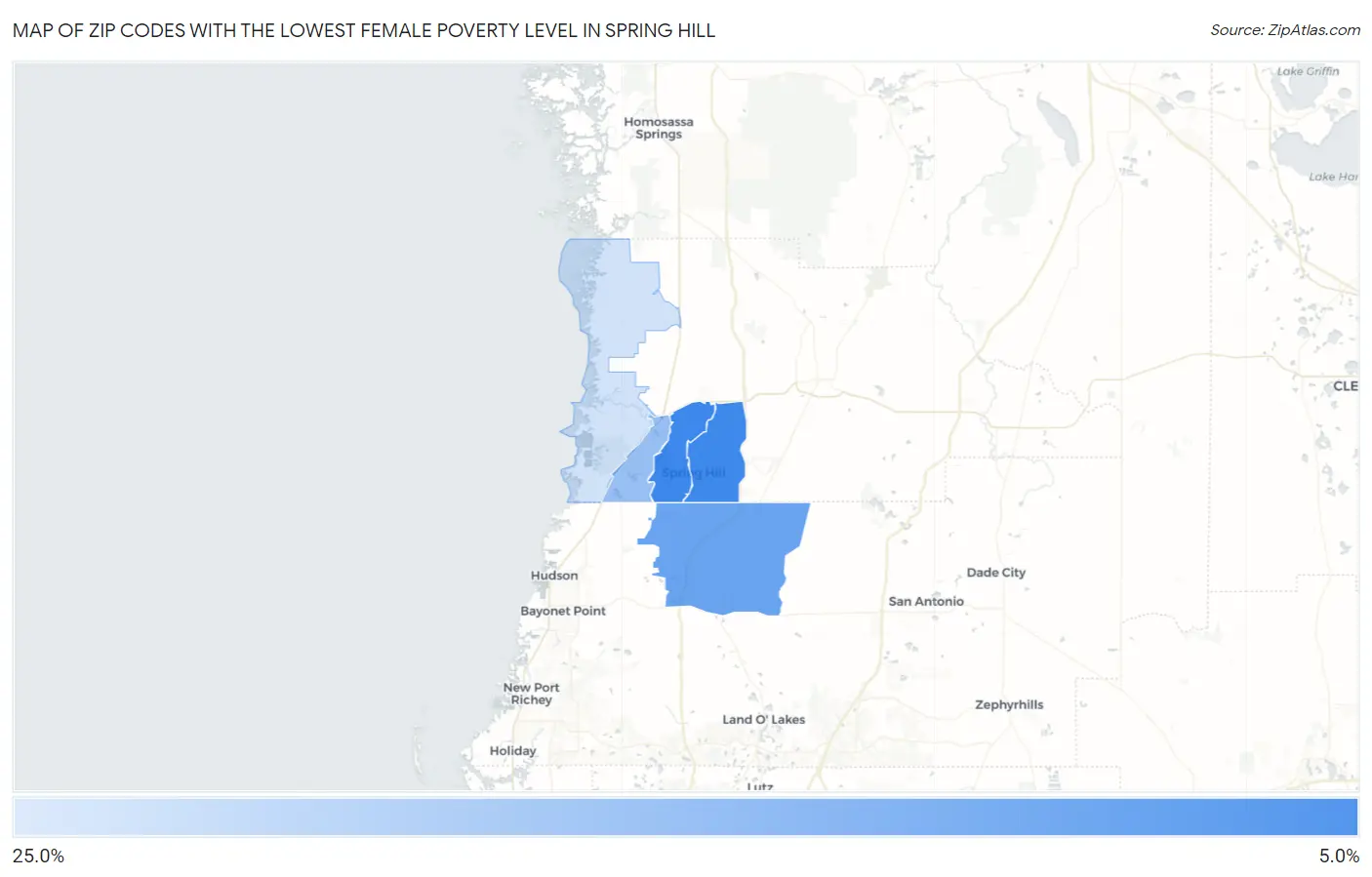 Zip Codes with the Lowest Female Poverty Level in Spring Hill Map